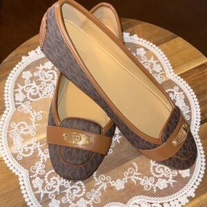 MICHAEL Michael Kors Brown Logo and Tan Leather Moccasins with Gold Accent